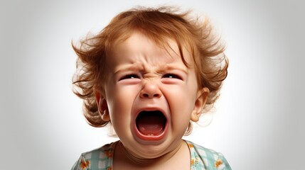 a close up photo of a cute little baby boy child crying and screaming isolated on white background.