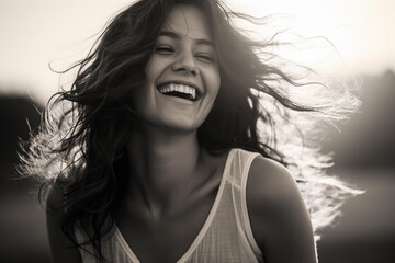 Portrait of a beautiful young brunette woman with long hair