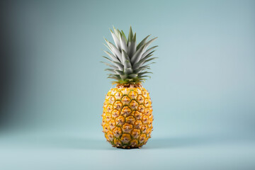Pineapple fruit on a solid color background. Isolated object in photo studio. Commercial shot with copyspace.