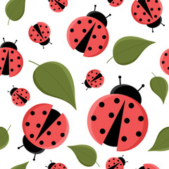 Cute Ladybug and leaves seamless pattern. Pretty color Ladybird vector endless background. Nature cartoon or Flat illustration with red dotted Beetle isolated on white. Summer spotted bug.