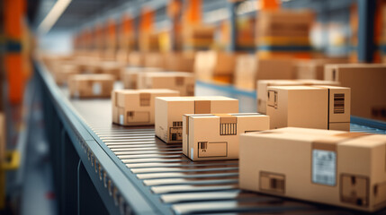 Closeup of multiple cardboard box packages smoothly gliding along a conveyor belt in a modern warehouse fulfillment center, capturing the essence of e-commerce, delivery & automation. Generative AI