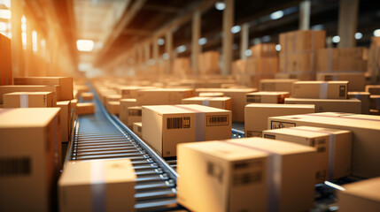 Closeup of multiple cardboard box packages smoothly gliding along a conveyor belt in a modern warehouse fulfillment center, capturing the essence of e-commerce, delivery & automation. Generative AI - obrazy, fototapety, plakaty