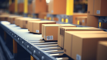 Closeup of multiple cardboard box packages smoothly gliding along a conveyor belt in a modern warehouse fulfillment center, capturing the essence of e-commerce, delivery & automation. Generative AI
