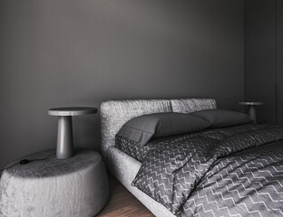 Grey bedroom. Bed on dark brown wooden floor. Minimalist design interior with mock up picture frame. 3d rendering. High quality 3d illustration