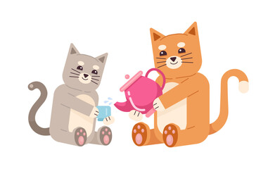 Happy kittens sitting semi flat color vector characters. Tea ceremony. Teapot and cup. Smiling pets. Editable full body animal on white. Simple cartoon spot illustration for web graphic design