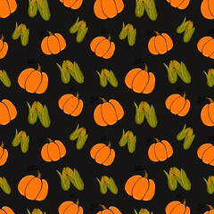 seamless pattern colored doodle vegetables pumpkins and corn on black - autumn background, vector illustration. For packaging, textiles, wallpapers, web design