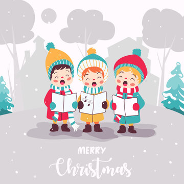 Vector illustration Christmas card illustration of children singing holiday songs outside near Christmas tree. Ready-made template of greeting picture for new year in flat style