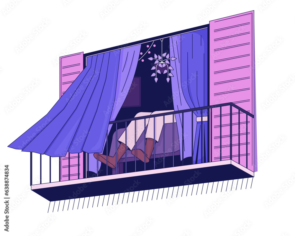 Poster person relaxing flat line concept vector spot illustration. balcony view. wind blow curtains 2d cart