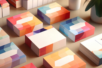 Obraz premium Mock ups with geometric-inspired packaging and business cards, contributing to a brand identity
