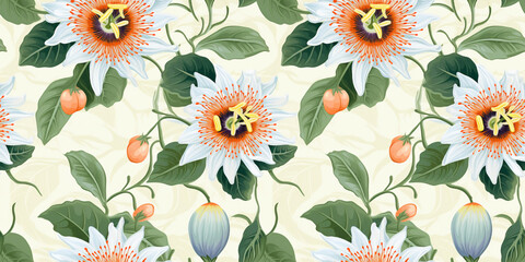 Passion fruit vine drawings seamless pattern with oval fruits. Concept: Tropical botanical wallpapers.