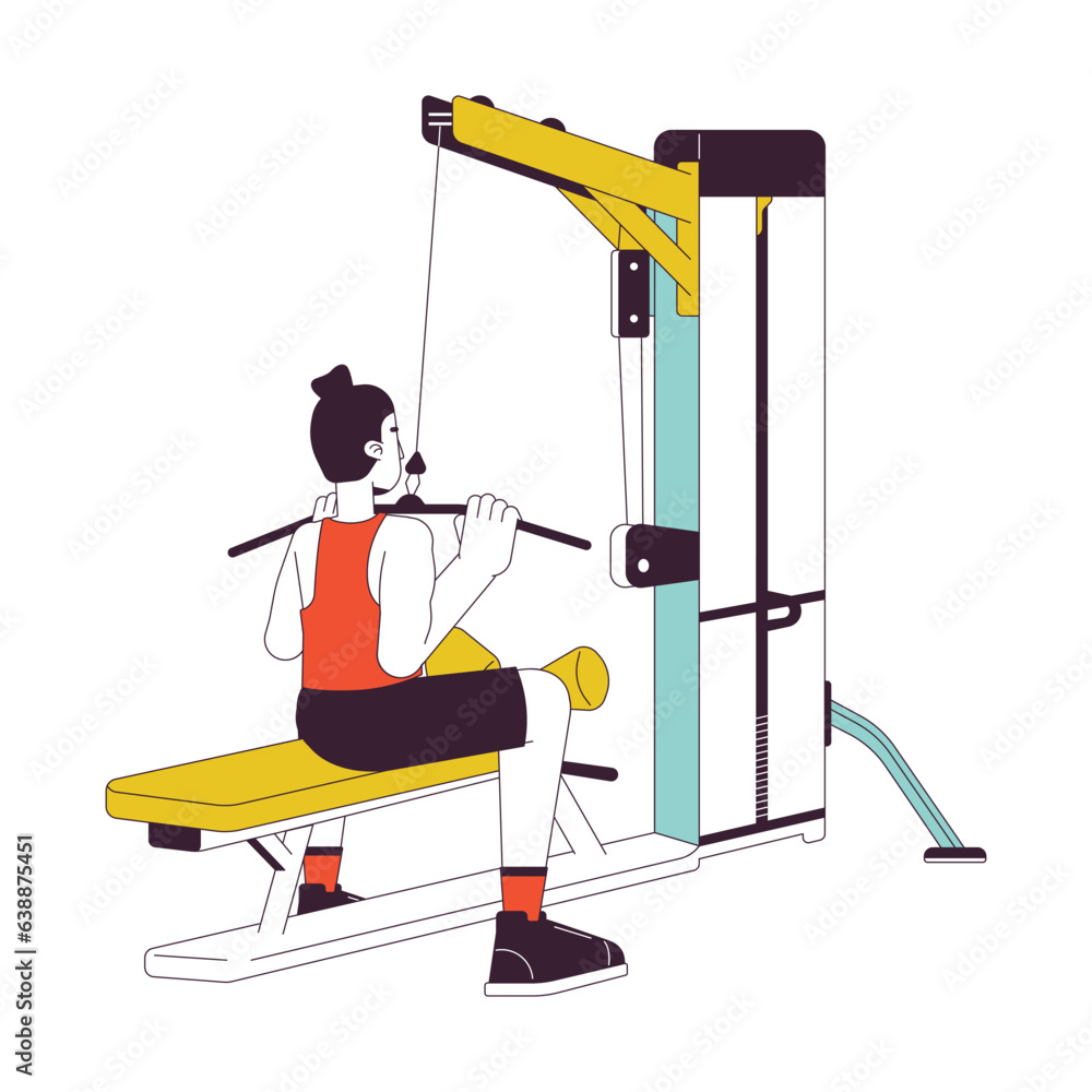 Poster man dragging bar down on lat pulldown machine flat line color vector character. editable outline ful
