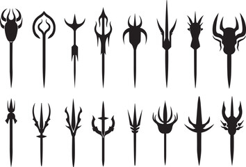 Set of trident silhouettes. Trident icons set. Flat black trident vectors.