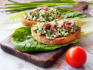 Bruschetta with Cheese, Herbs, and Anchovies