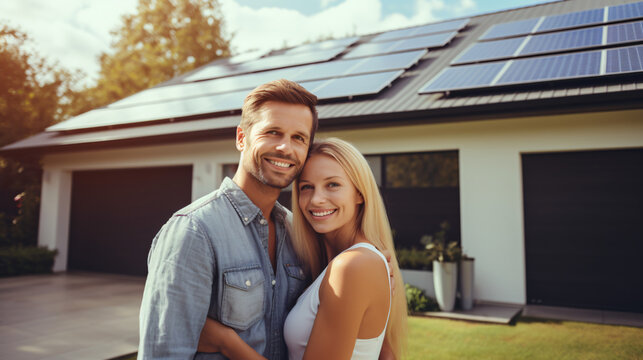 A happy couple stands grinning in the driveway of a spacious home equipped with solar panels, against a modern background. Real estate new home concept.

Generative AI