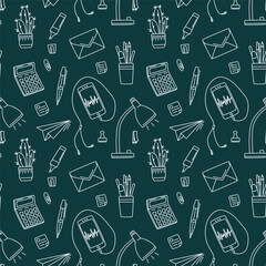 Workspace seamless pattern with lamp, smartphone, cactus, marker, books, pen, calculator, sticker in doodle style. Vector Monochrome line sketch pattern on dark background