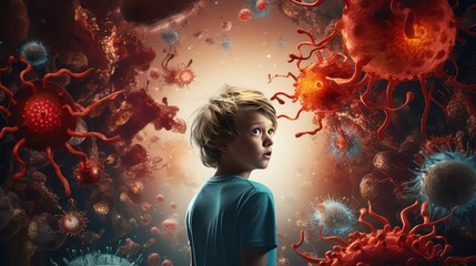 kid looking around surrounded with bacteria and viruses, Generative AI