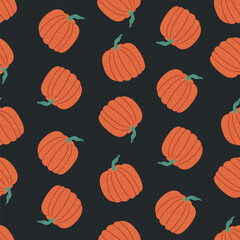 Simple seamless pattern with orange pumpkins on a dark background. Vector graphics.