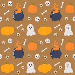 Halloween seamless pattern with pumpkin, bones and skull