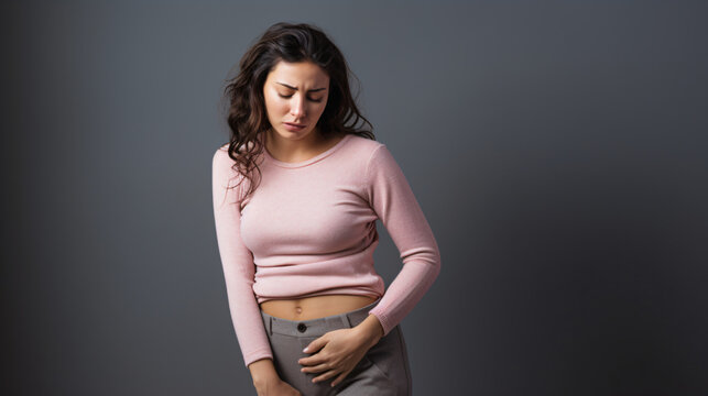 Young woman having a stomach ache. Studio light and background.


Generative AI