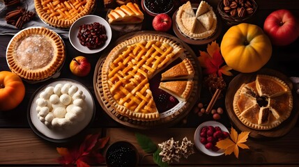 Obraz na płótnie Canvas Autumn food concept. Selection of pies, appetizers and desserts. Top view table scene over a rustic wood background. AI Generative