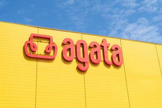 Salon Agata Meble furniture store building with brand logo sign. Polish retail chain company, furniture and home decor products shop. Signboard with brand logotype on August 12, 2023 in Krakow, Poland