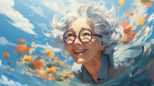 Happy mature woman swimming in the sea AI