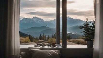 Fototapeta na wymiar Landscape view from window in modern cozy bedroom