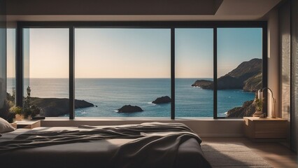 View from cozy modern bedroom on landscape
