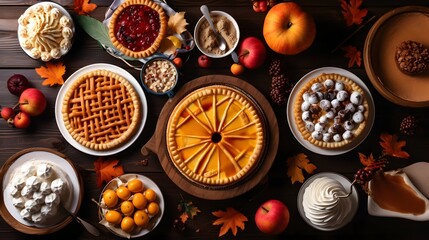 Autumn food concept. Selection of pies, appetizers and desserts. Top view table scene over a rustic wood background. AI Generative
