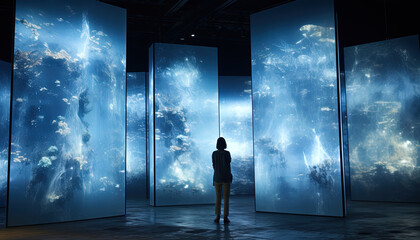 Floating media screens project realistic images, forming a mirage-like scene