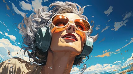 Happy mature woman n headphones and sunglasses swimming in the sea AI