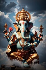 God Ganesh sitting in clouds giving blessings