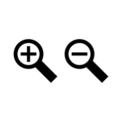 Zoom in and zoom out icons. Simple flat, solid style. Magnifying glass, find, plus, minus, search concept. Black silhouette, glyph symbol. Vector isolated on transparent background. SVG.