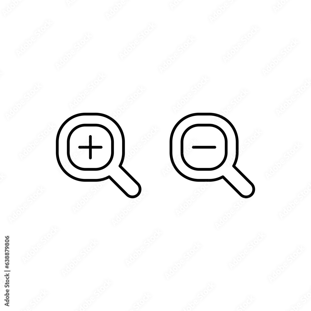 Poster zoom in and zoom out icons. simple outline style. magnifying glass, find, plus, minus, enlarge, redu