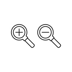 Zoom in and zoom out icons. Simple outline style. Magnifying glass, find, plus, minus, enlarge, reduce, search concept. Thin line symbol. Vector isolated on transparent background. SVG.