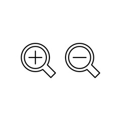 Zoom in and zoom out icons. Simple outline style. Magnifying glass, find, plus, minus, enlarge, reduce, search concept. Thin line symbol. Vector isolated on transparent background. SVG.
