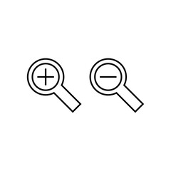 Zoom in and zoom out icons. Simple outline style. Magnifying glass, find, plus, minus, enlarge, reduce, search concept. Thin line symbol. Vector isolated on transparent background. SVG.