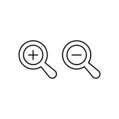 Zoom in and zoom out icons. Simple outline style. Magnifying glass, find, plus, minus, enlarge, reduce, search concept. Thin line symbol. Vector isolated on transparent background. SVG.