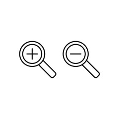 Zoom in and zoom out icons. Simple outline style. Magnifying glass, find, plus, minus, enlarge, reduce, search concept. Thin line symbol. Vector isolated on transparent background. SVG.