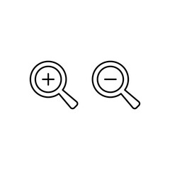 Zoom in and zoom out icons. Simple outline style. Magnifying glass, find, plus, minus, enlarge, reduce, search concept. Thin line symbol. Vector isolated on transparent background. SVG.