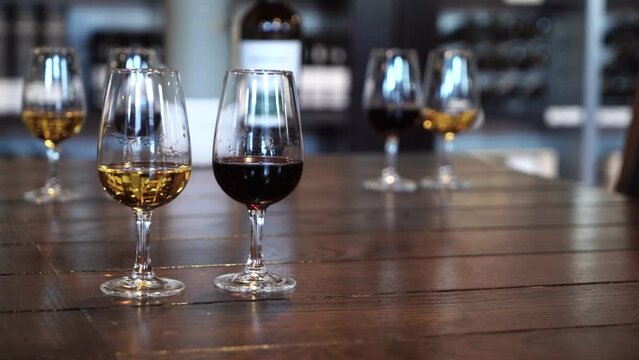 port wine testing, glasses with drink