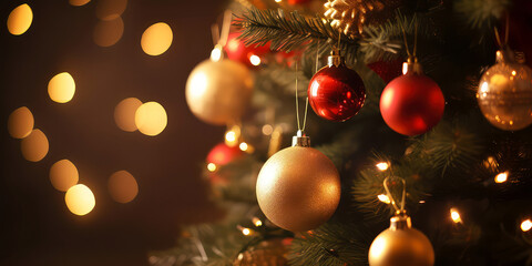 Close up of view decorated christmas tree, lights, bokeh, decoration in the cozy home apartment. Blurred Xmas holidays background. Christmas and New  year card. Generative ai.