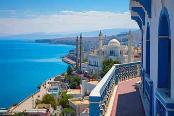 Algiers Waterfront. View of Historic Architecture and Blue Coastal Landscape from Admiralty Tower with Lighthouse in Algeria - obrazy, fototapety, plakaty
