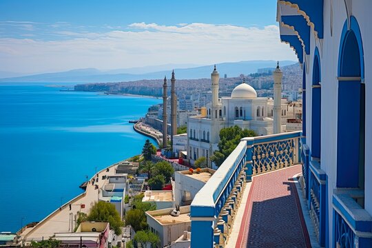 Fototapeta Algiers Waterfront. View of Historic Architecture and Blue Coastal Landscape from Admiralty Tower with Lighthouse in Algeria