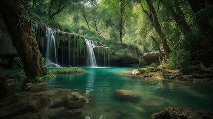 A picturesque lake encircled by rocks, featuring light turquoise and dark green hues, ethereal trees, incredibly beautiful, and meticulously detailed foliage. Generated AI.