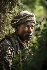 Obraz premium shot of a young soldier standing in front of an african bush