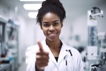 shot of a young woman showing thumbs up in a laboratory