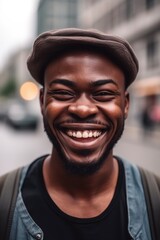 photo, portrait and black man with a smile for happiness, positivity and feeling good in the city