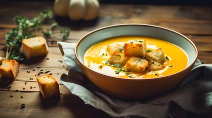 Fall warming pumpkin cream soup with croutons and seeds on board over rustic wooden background, copy space, wide composition. Autumn vegetarian, vegan, healthy comfort food concept, AI Generative