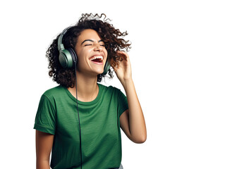 Laughing Latina Student with Headphones - obrazy, fototapety, plakaty